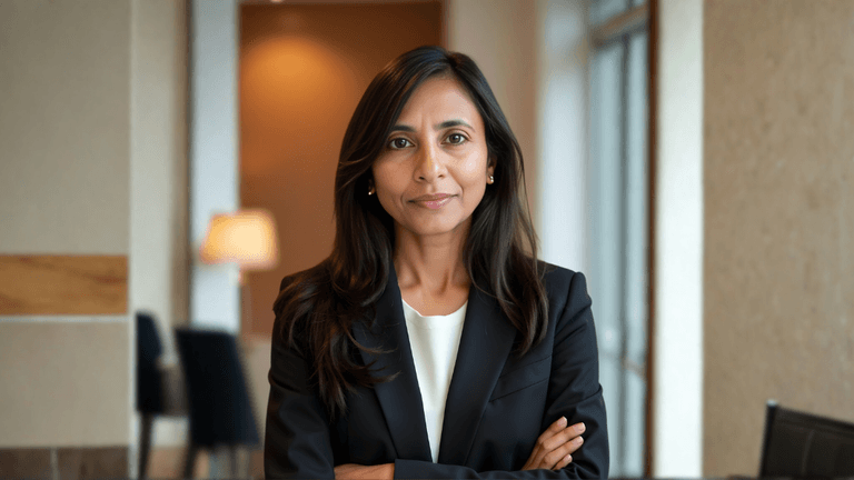 Hemini Mehta, founder of MuseScout, in a professional setting, embodying the company's commitment to sustainability, creativity, and global art empowerment.