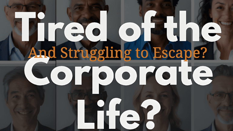 “Corporate professionals in a grid layout with bold text highlighting challenges of corporate life, emphasizing transition services and career freedom for executives.”