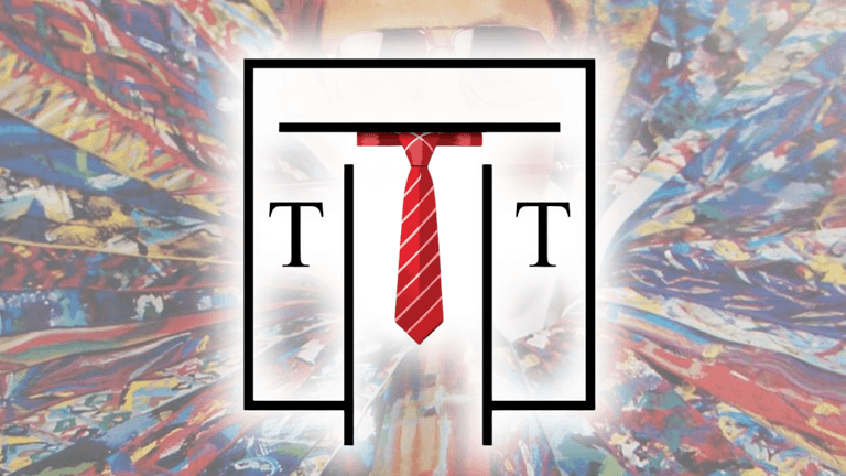 "Logo of Talisman Tie against a vibrant background of neckties, symbolizing elegance, craftsmanship, and timeless style in luxury fashion."
