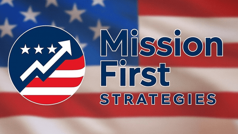 "Mission First Strategies logo with an American flag background, representing leadership, innovation, and strategic solutions in business."