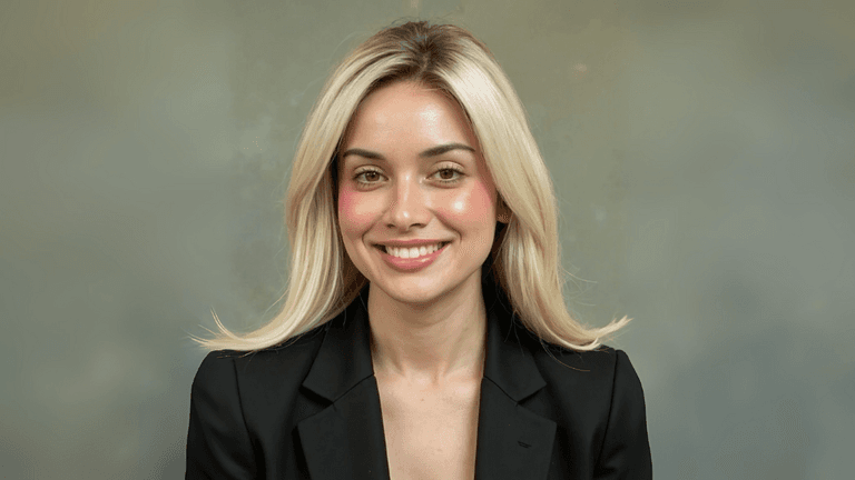 A professional woman with blonde hair in a black blazer, smiling confidently in front of a neutral background.
