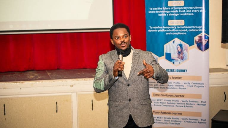 Founder Mohammed Toyeeb Oladele speaking at the MEET Resources launch event in Bridgwater.
