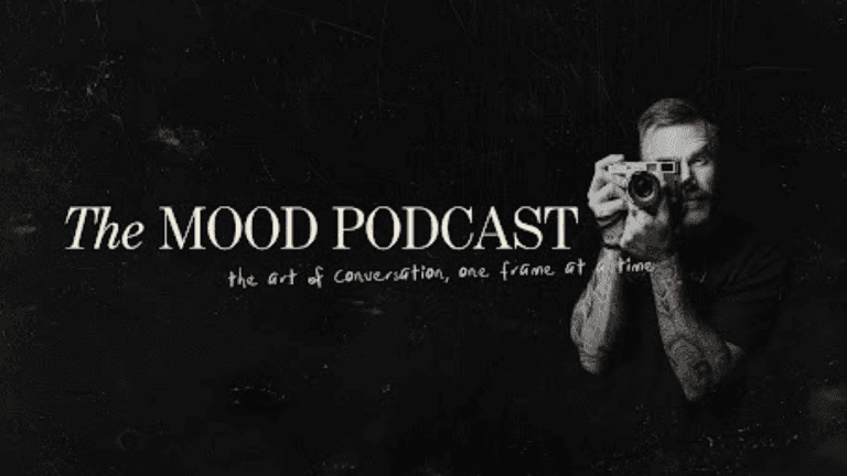 "The MOOD Podcast logo with a photographer holding a camera, focusing on authentic storytelling."