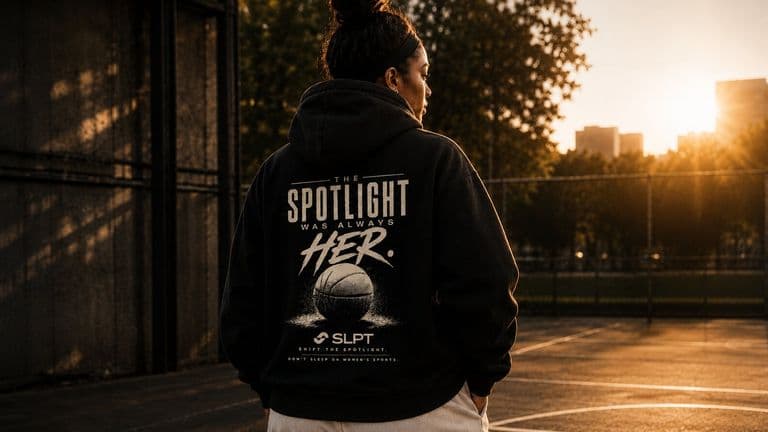 Wide view of person in SLPT hoodie on basketball court at sunset, promoting support for women's sports.