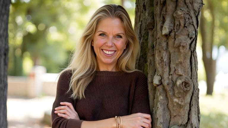Smiling woman with long blonde hair leans against a tree in a sunny park, wearing a brown sweater. The background features blurred green foliage.