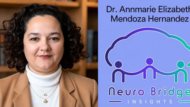 Portrait of Dr. Annmarie Elizabeth Mendoza Hernández beside NeuroBridge Insights logo, highlighting neurodivergent inclusion and workplace performance.