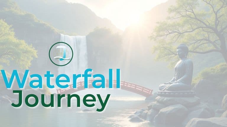 Waterfall Journey logo over serene waterfall, bridge, and Buddha statue, symbolizing reflection, clarity, and personal transformation.