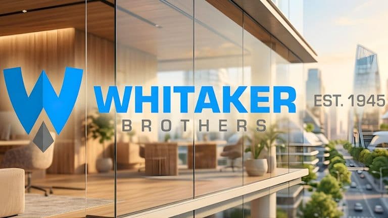 A modern office building with a glass façade displays the "Whitaker Brothers" logo in blue. The background shows a cityscape with greenery, suggesting innovation and growth.