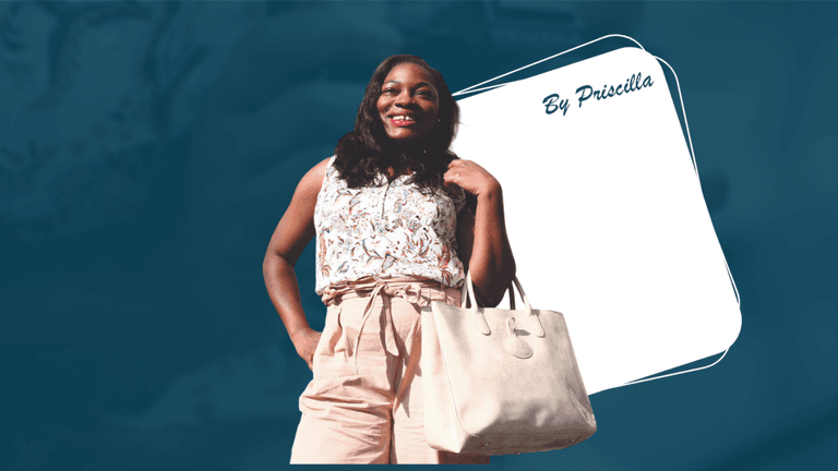 Smiling woman with beige tote bag, representing Priscilla’s financial freedom and debt payoff journey from au pair to lawyer.