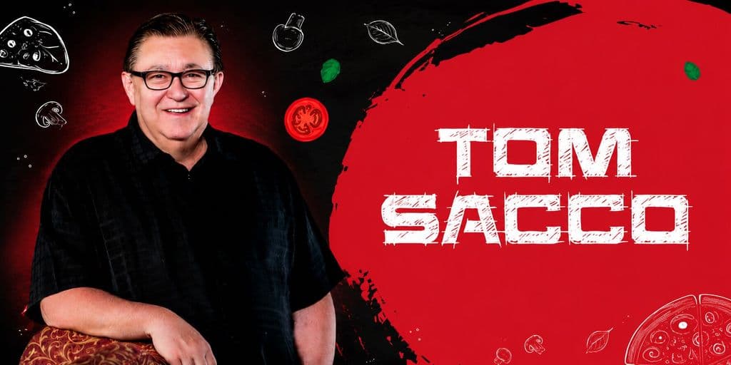Tom Sacco pictured beside his name against a red and black Happy Joe’s themed background.