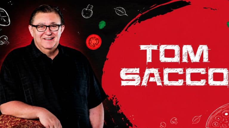 Tom Sacco pictured beside his name against a red and black Happy Joe’s themed background.