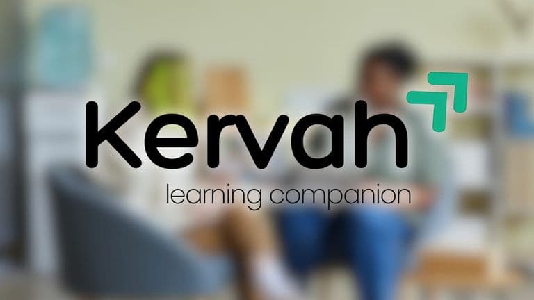 Kervah Learning Companion logo displayed over a blurred care setting background.