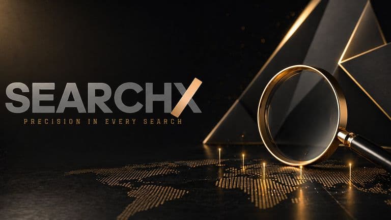 A sleek black and gold image with the text "SEARCHX, Precision in Every Search" alongside a magnifying glass over a stylized world map, conveying innovation.