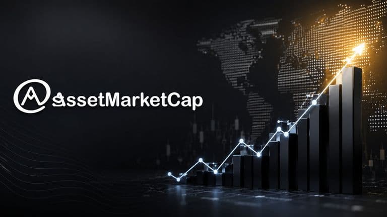 AssetMarketCap logo beside rising financial bar chart and global market growth visualization.