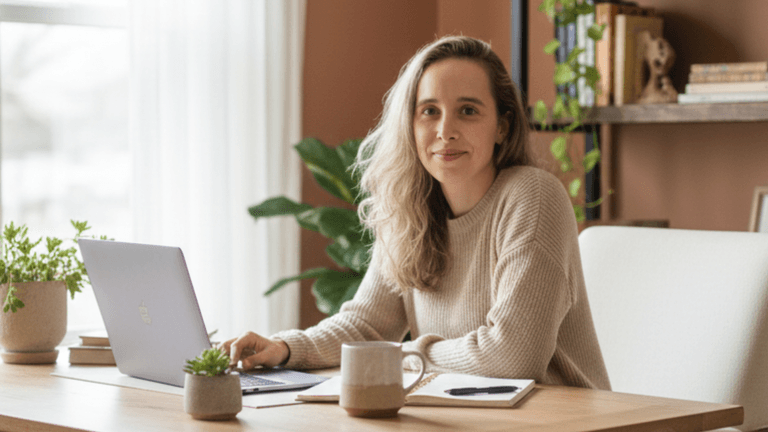 Jessie Meyer working from home, focused on simplifying AI for small business owners.