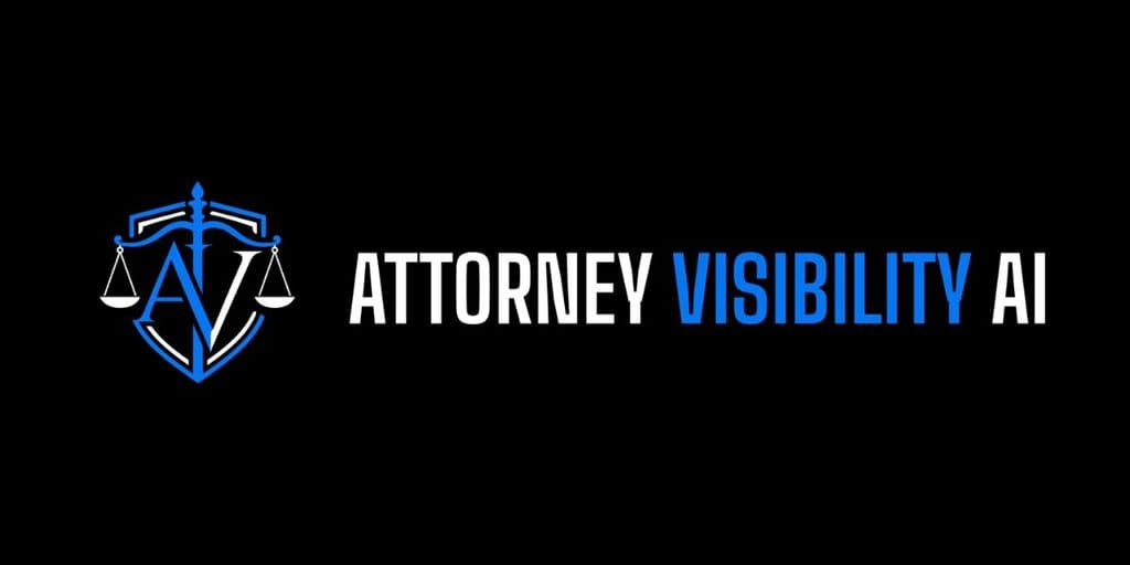 Attorney Visibility AI logo featuring blue and white scales of justice on a black background.