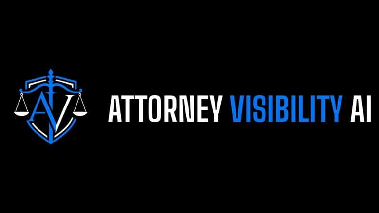 Attorney Visibility AI logo featuring blue and white scales of justice on a black background.