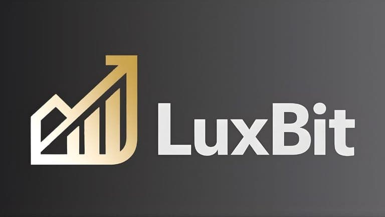 Gradient gold and silver logo with a house silhouette and upward arrow beside the text "LuxBit" on a sleek gray background, conveying growth and luxury.