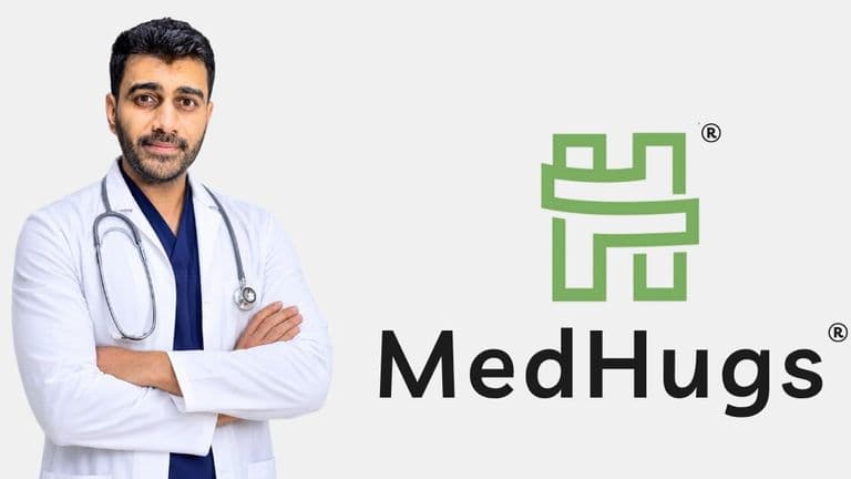 Physician founder standing beside the MedHugs logo, representing oral thin film supplement innovation.