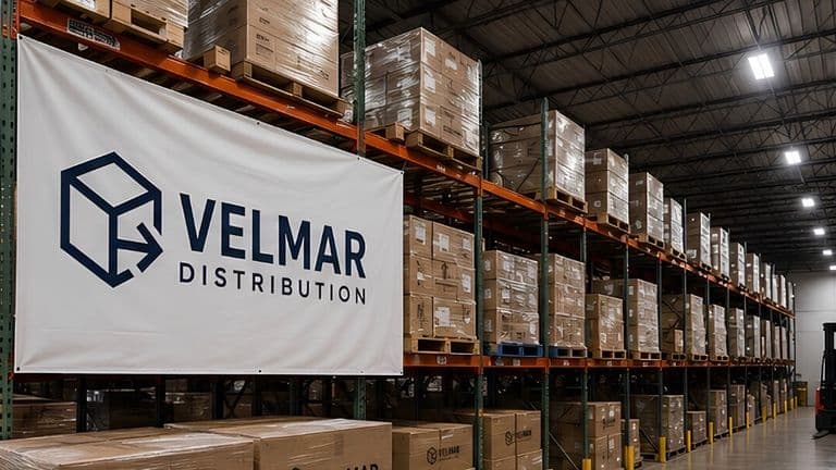 Velmar Distribution warehouse with pallet racks, boxed inventory, branded banner, and forklift aisle.