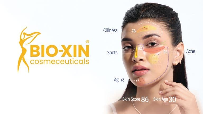Bio-Xin's skincare technology with detailed facial analysis and scores.