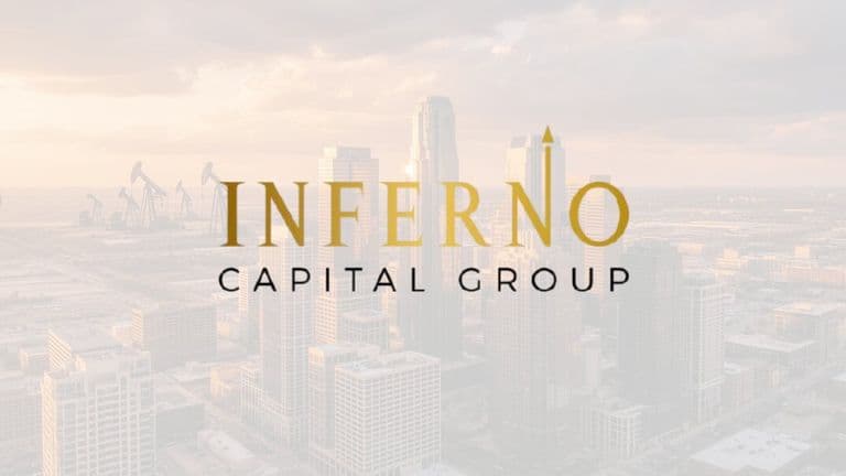 Inferno Capital Group logo with gold and black text overlays a city skyline at sunset, featuring tall buildings and oil rigs in the distance."