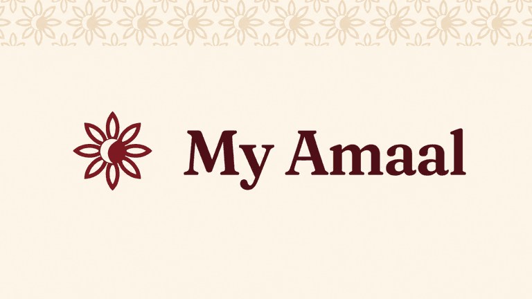 My Amaal logo featuring a floral icon and elegant maroon lettering on a cream patterned background.
