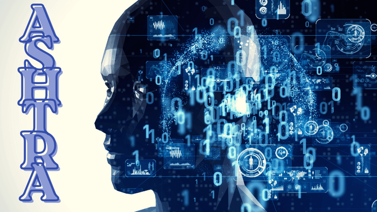 Digital human head with binary code and tech icons, symbolizing Ashtra’s AI transforming beauty business operations.