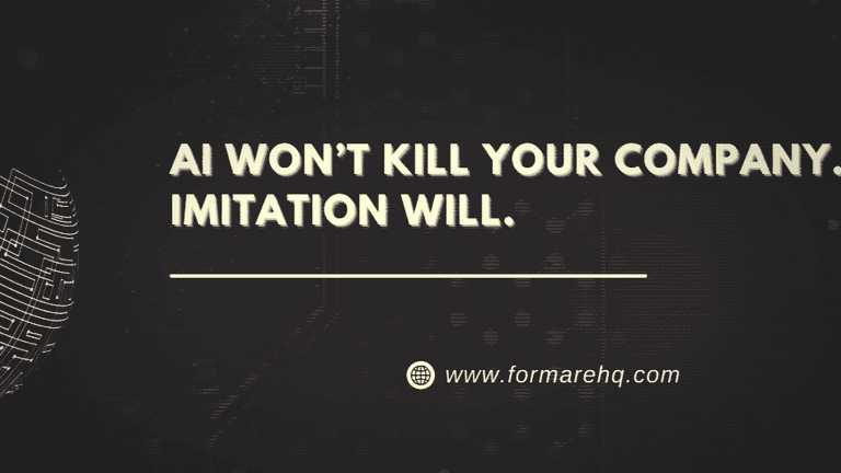 AI won't harm your company; imitation will. The message emphasizes authenticity and proof-driven innovation for scaling businesses.