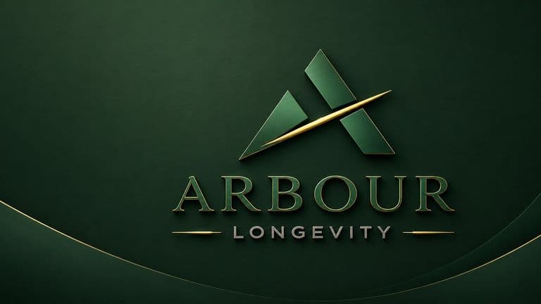 ARBOUR Longevity logo on dark green background with gold accents.