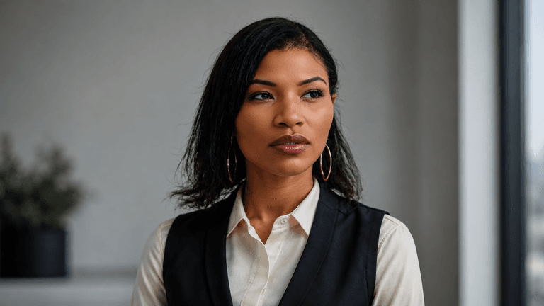 Professional woman in business attire looking confidently out office window.