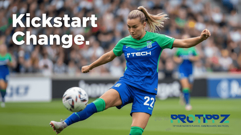Female soccer player from PROTIPPZ platform kicking the ball, symbolizing fan-driven athlete support and transformative sports economics.