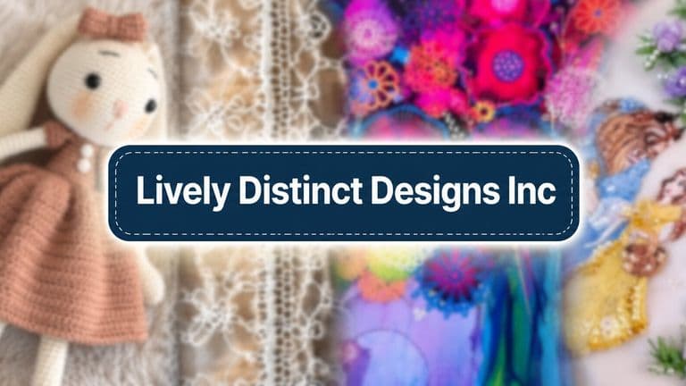 Handcrafted doll, lace fabric, colorful handmade designs, and Lively Distinct Designs Inc. branding.