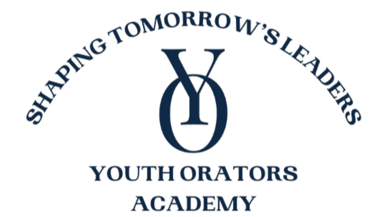 Logo of Youth Orators Academy with the tagline “Shaping Tomorrow’s Leaders,” promoting youth leadership and public speaking development.
