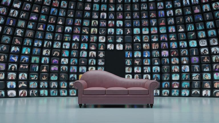 A modern psychoanalytic setting with a pink couch amidst a wall of TV screens displaying diverse people in digital connection.