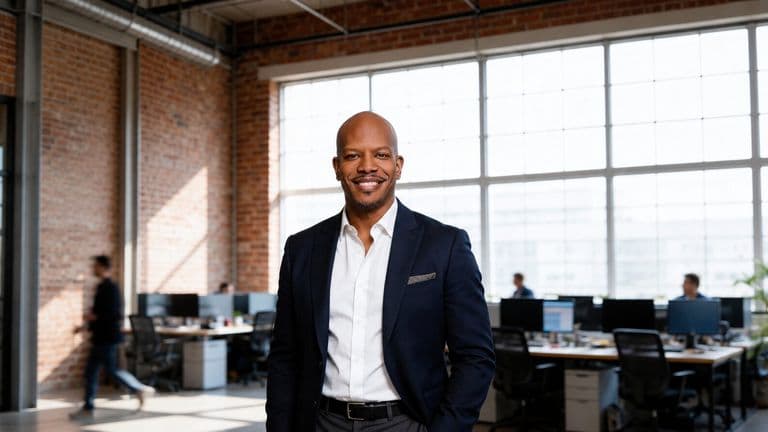 JW Radford standing in a modern office wearing a navy suit.