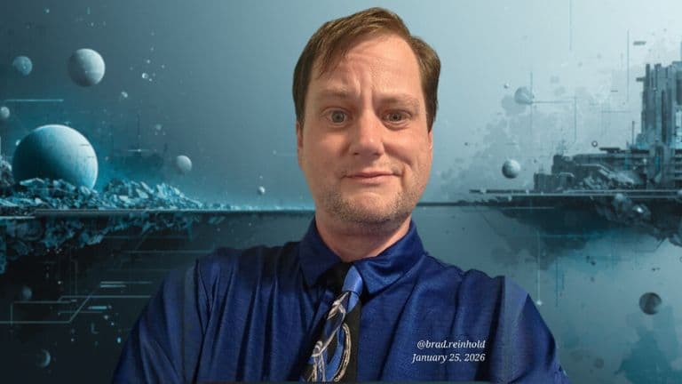 Timothy Bradley Reinhold in a blue shirt and tie, standing against a futuristic background, embodying his filmmaking vision.