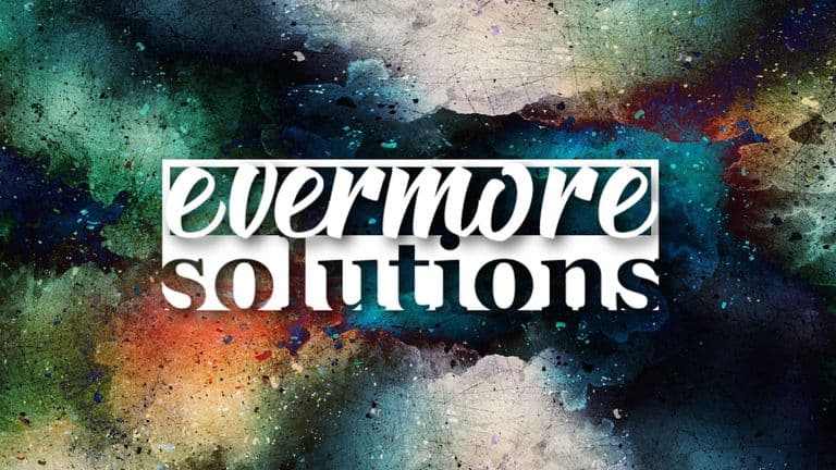 the logo of "Evermore Solutions" over a colorful, abstract background, symbolizing creativity and innovation.