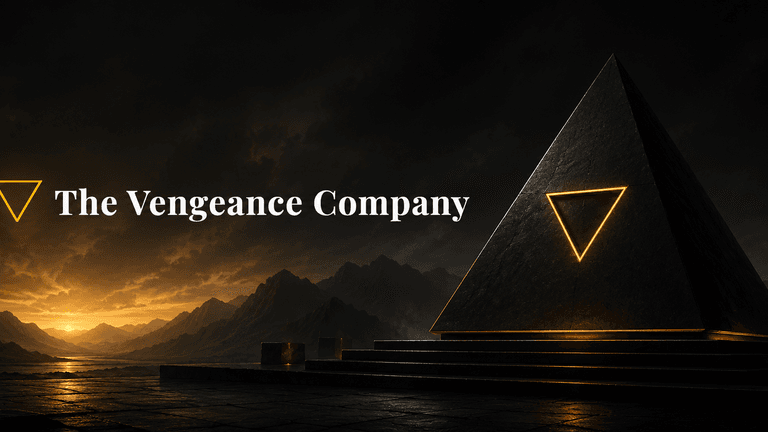 Dark pyramid with glowing inverted triangle overlooking mountains at sunset beside The Vengeance Company logo.
