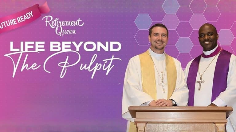 Two pastors stand together, promoting Bibi Apampa’s book 'Life Beyond the Pulpit' to address financial planning for clergy.