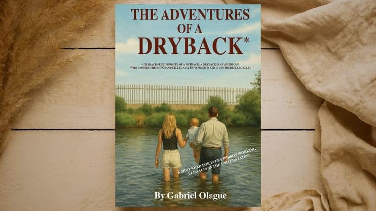The book cover for "The Adventures of a Dryback" by Gabriel Olague, depicting a family crossing the Rio Grande.