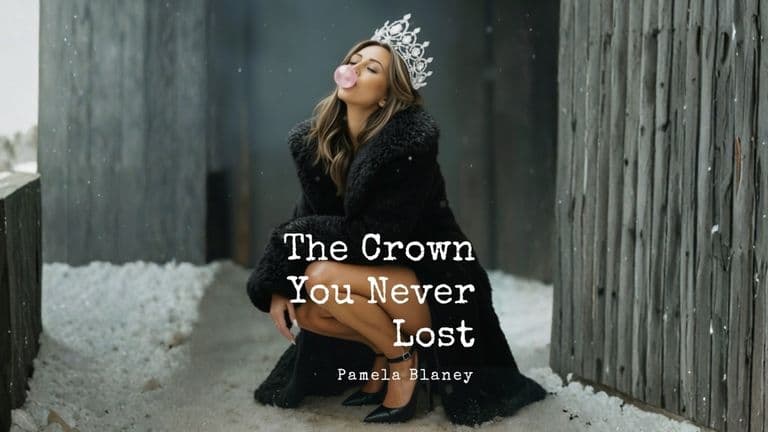 A woman wearing a crown, sitting in snow with a fur coat, symbolizing empowerment and self-discovery from "The Crown You Never Lost".