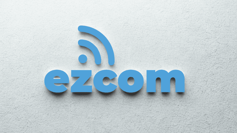 Blue “ezcom” logo with wireless signal icon on light textured background.