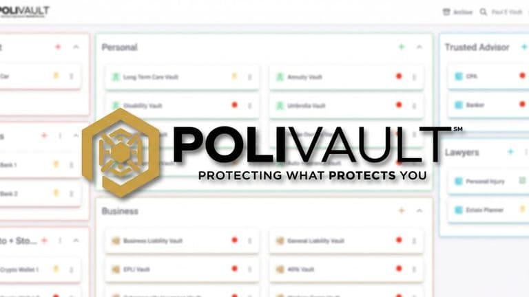 POLIVAULT logo displayed over secure digital dashboard organizing documents, assets, and trusted contacts.