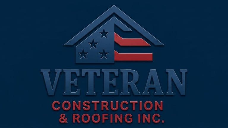 Veteran Construction & Roofing Inc. company logo on a blue background.