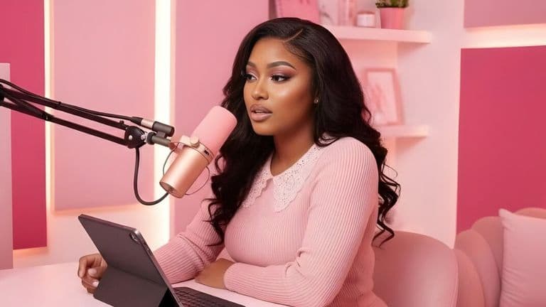 Female podcast host discussing financial education for African women in a pink studio representing HER BANKER’s mission of community learning.