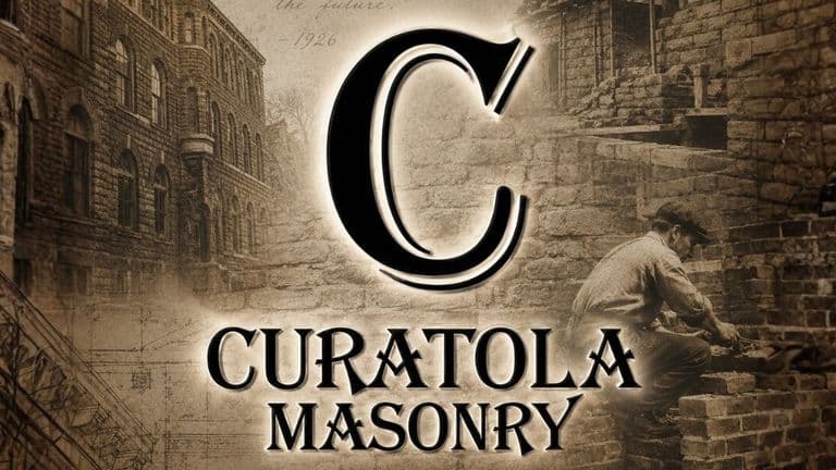 Curatola Masonry logo with historic masonry restoration imagery.