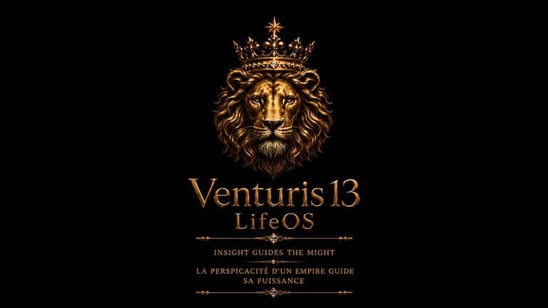 Venturis13 LifeOS logo with crowned lion emblem and the tagline "Insight Guides the Might."
