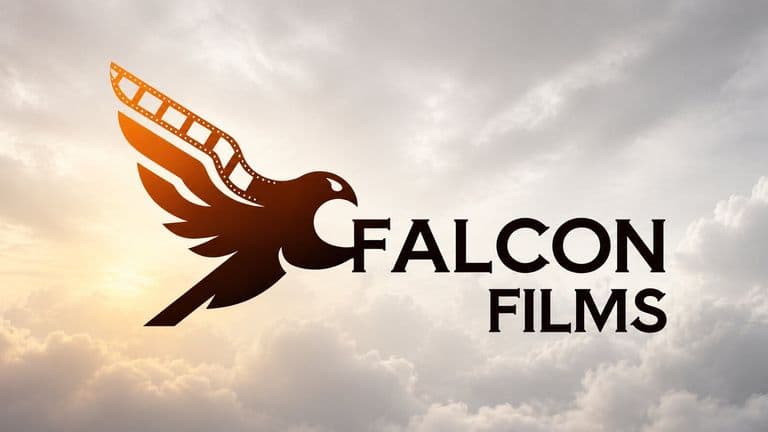 Falcon Films Production logo with stylized falcon and filmstrip wing against a cloudy sky background.