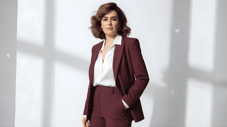 Irina Khai exuding confidence in a tailored maroon suit, embodying modern elegance and grace.